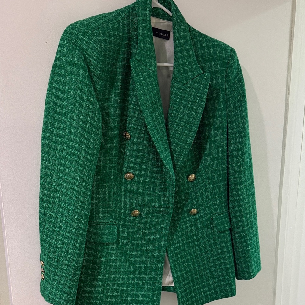 Zara Emerald Green Double-Breasted Blazer with Gold Buttons